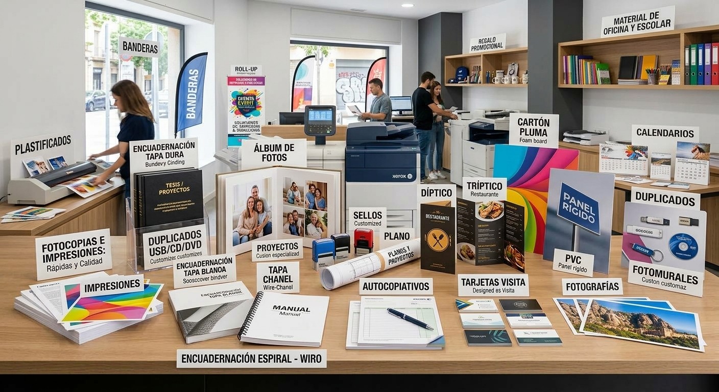 Muestra de trabajos de COPYMAR: encuadernaciones, álbum de fotos, plastificados, banderas, sellos, planos, dípticos y trípticos, cartón pluma, calendarios, panel rígido, PVC, tarjetas de visita, fotografías, fotomurales, duplicados USB/CD/DVD, autocopiativos y material de oficina, en el mostrador de la tienda.